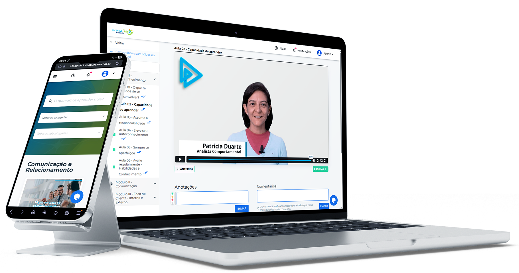 Dispositivos mostrando plataforma de videoaulas com certificado